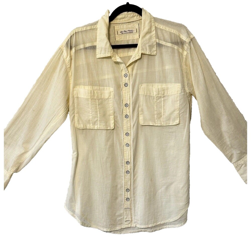 Free People Sheer Luck Shirt In Bone Size S Long Sleeve Button‎ Oversized Blouse